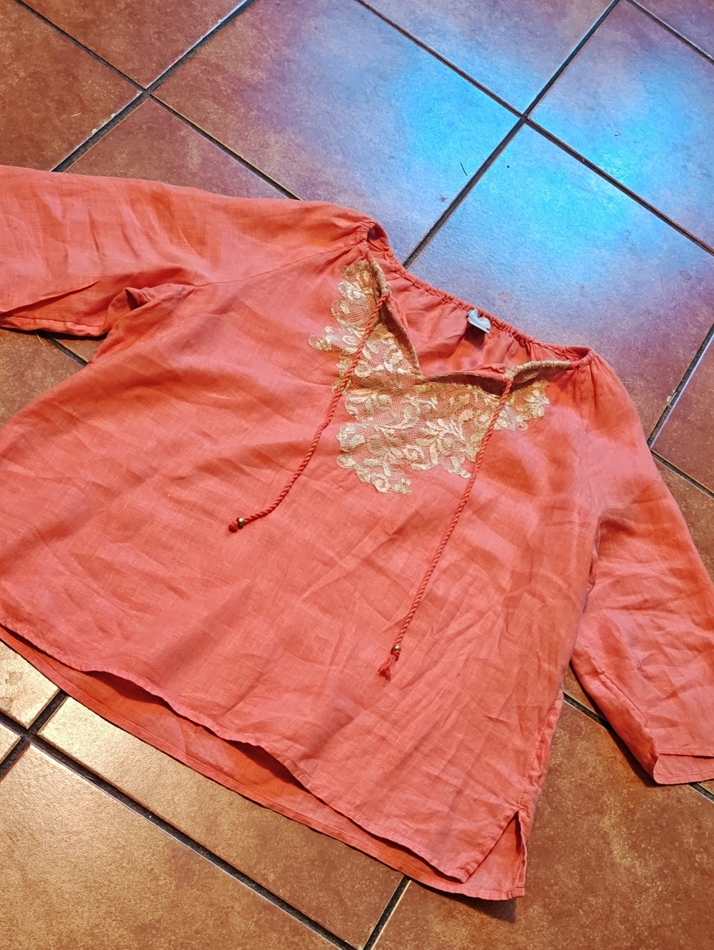 Chico's Coral Embroidered Tie-Neck Tunic